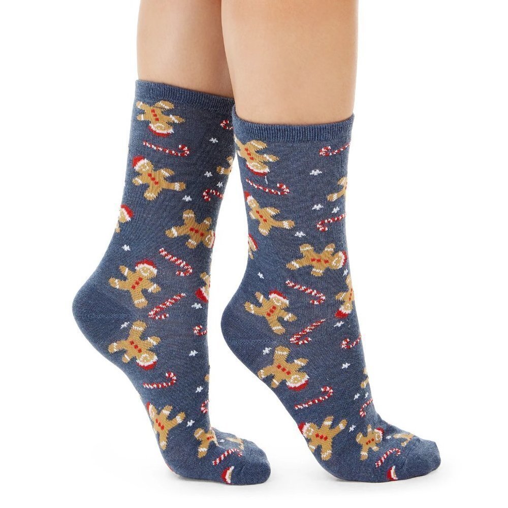 Charter Club Womens Size 9-11 Gingerbread Candy Cane‎ Holiday Crew Socks Blue